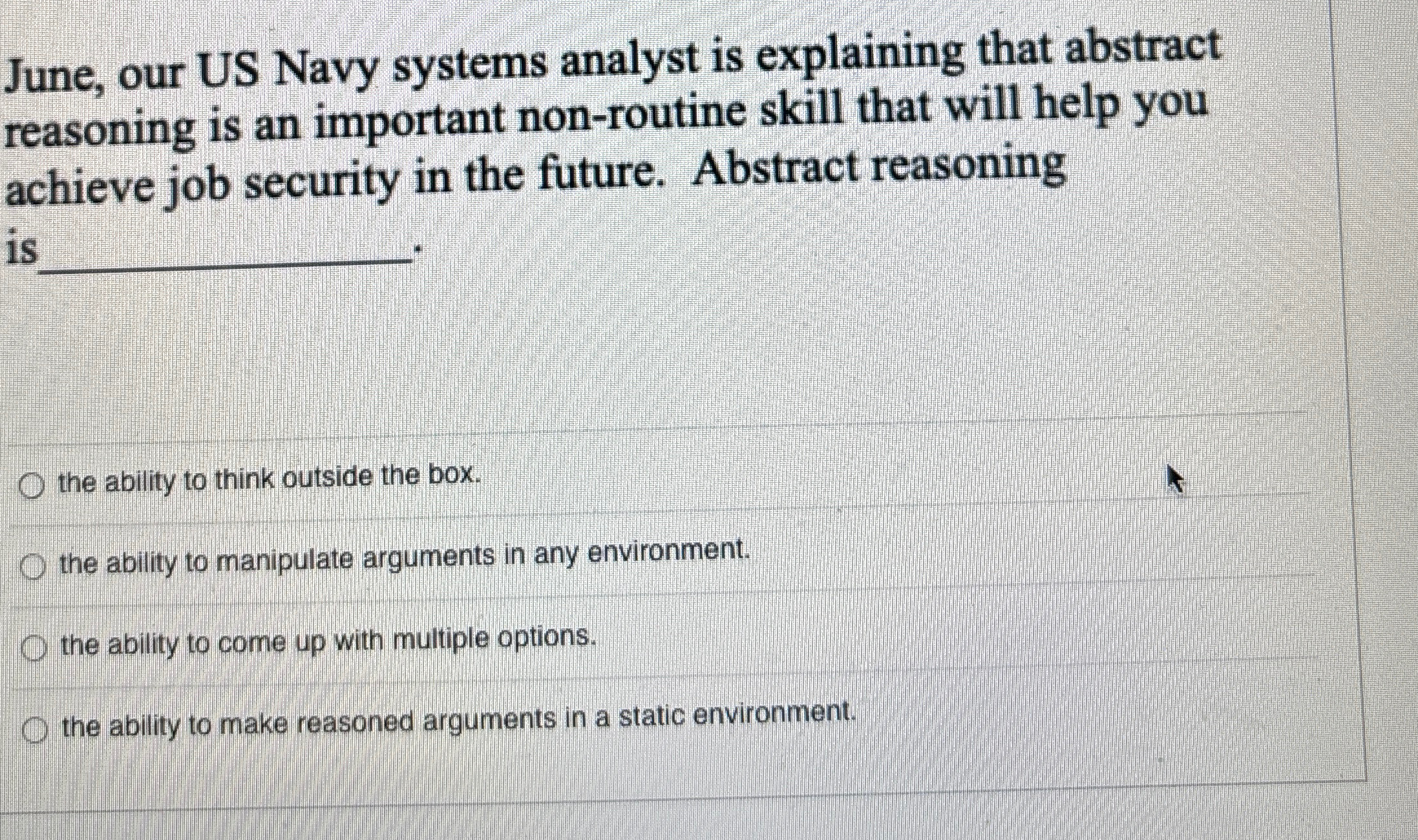  June, our US Navy systems analyst is explaining that abstract reasoning