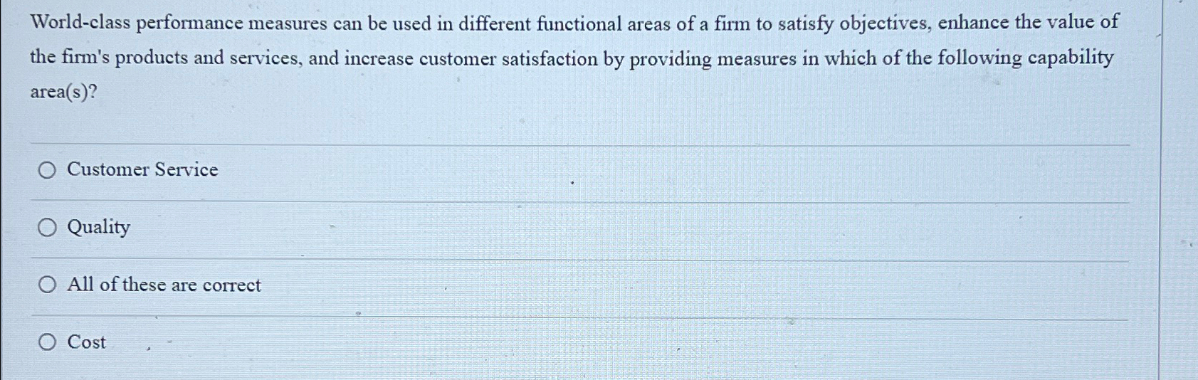  World-class performance measures can be used in different functional areas of