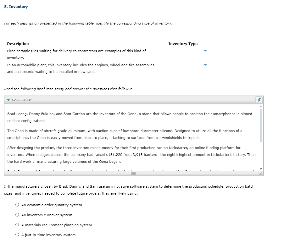  Inventory For each description presented in the following table, identify the