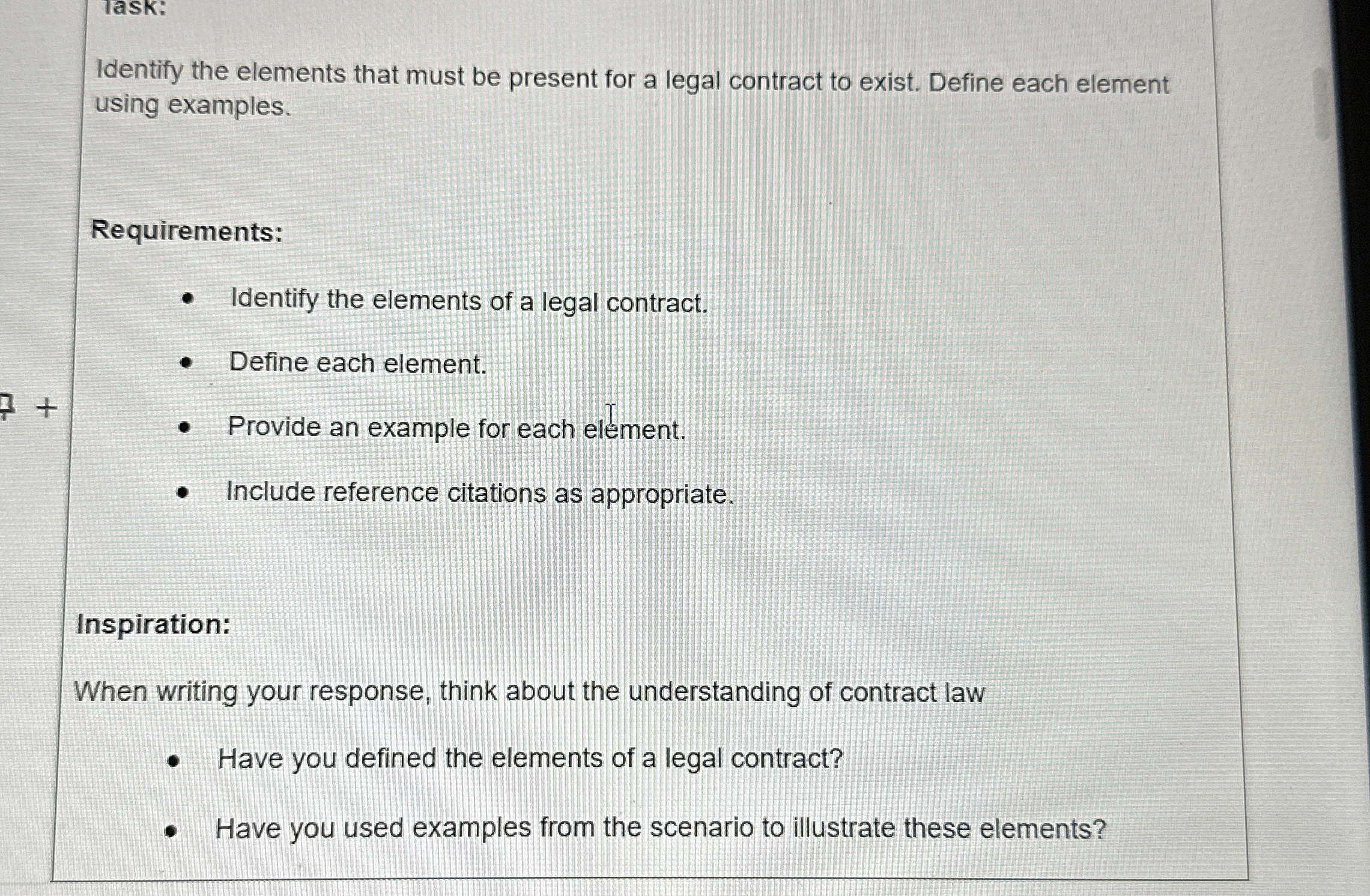  Iask: Identify the elements that must be present for a legal