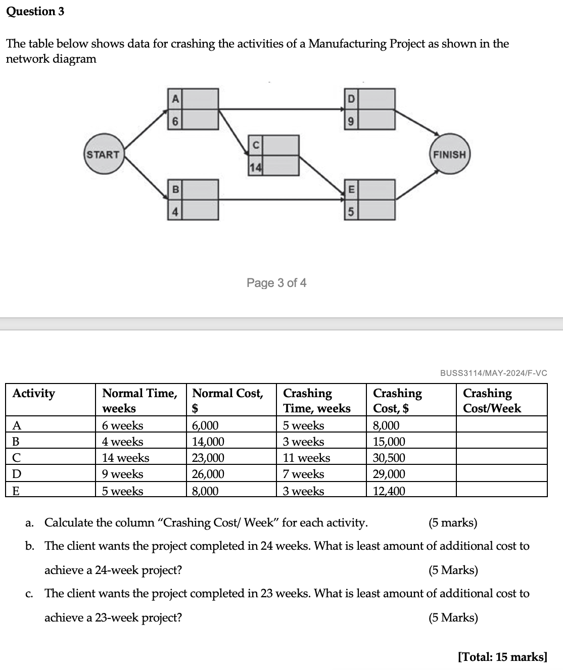  Question 3 The table below shows data for crashing the activities