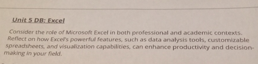  Unit 5 DB: Excel Consider the role of Microsoft Excel in