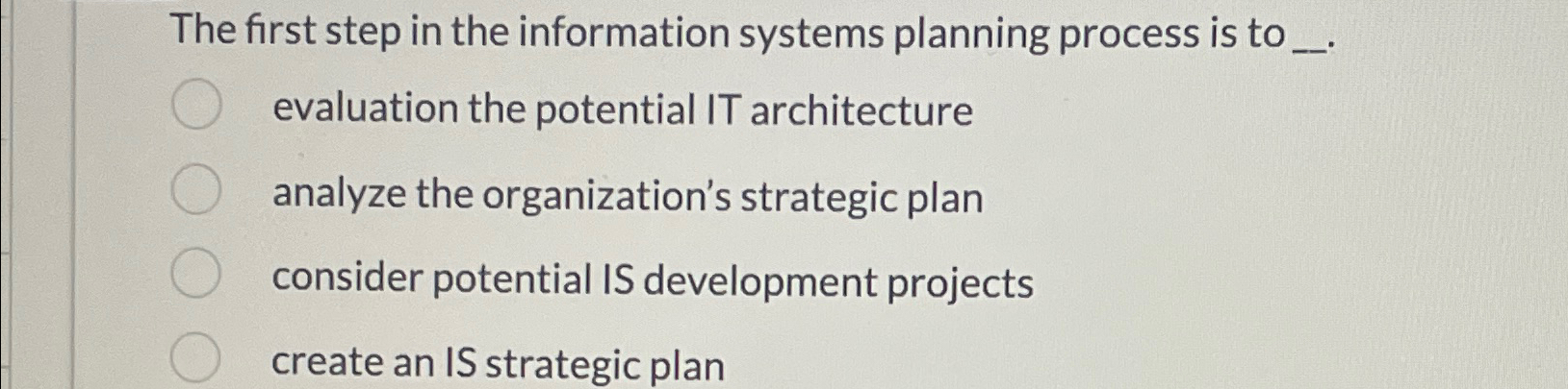  The first step in the information systems planning process is to