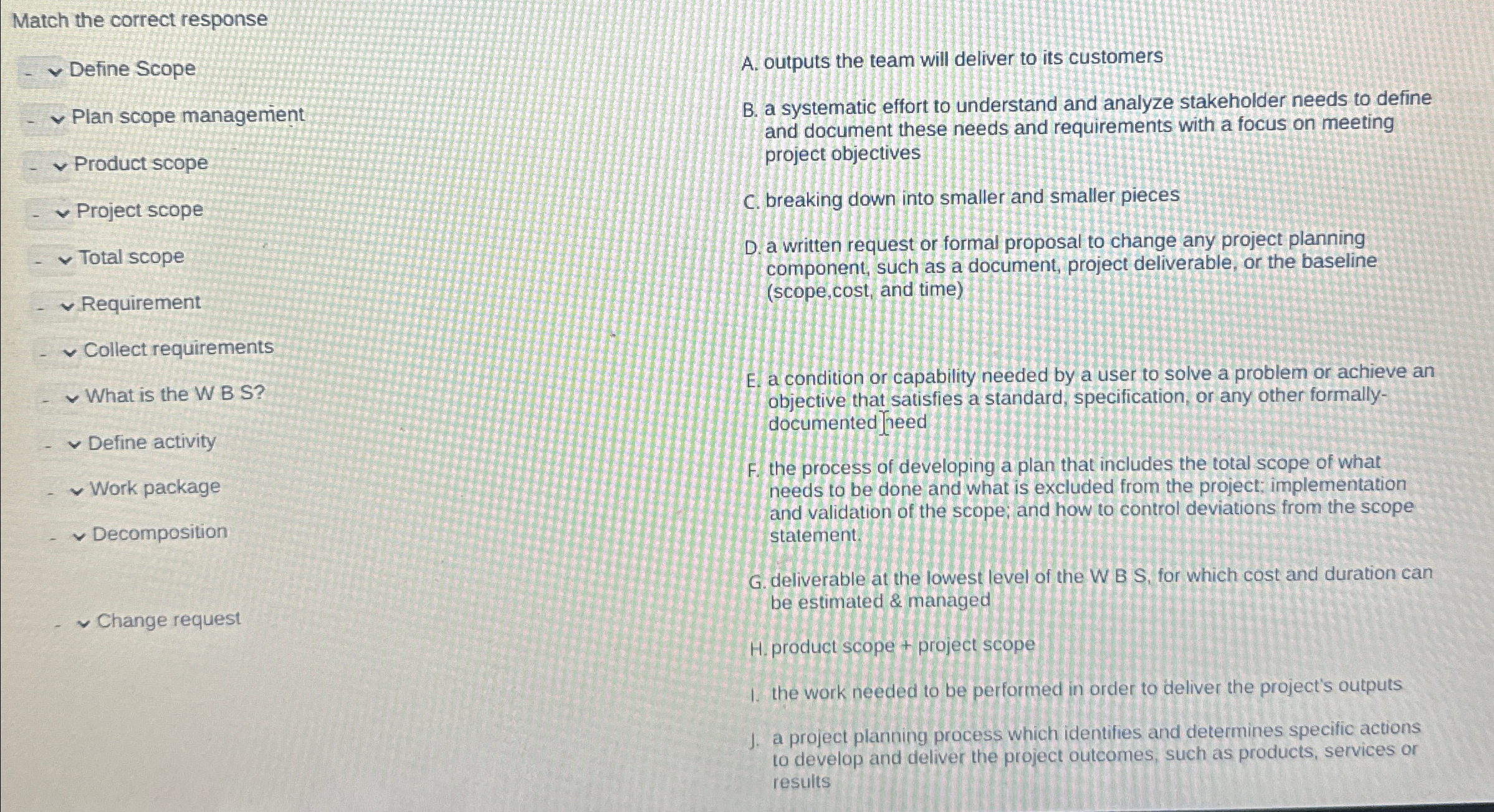  Match the correct response Define Scope Plan scope managemient Product scope