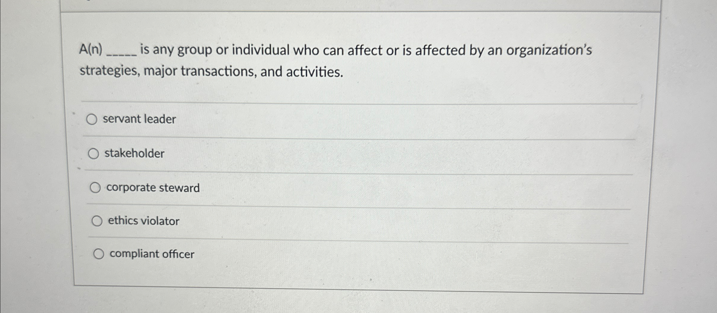  A(n)q, is any group or individual who can affect or is