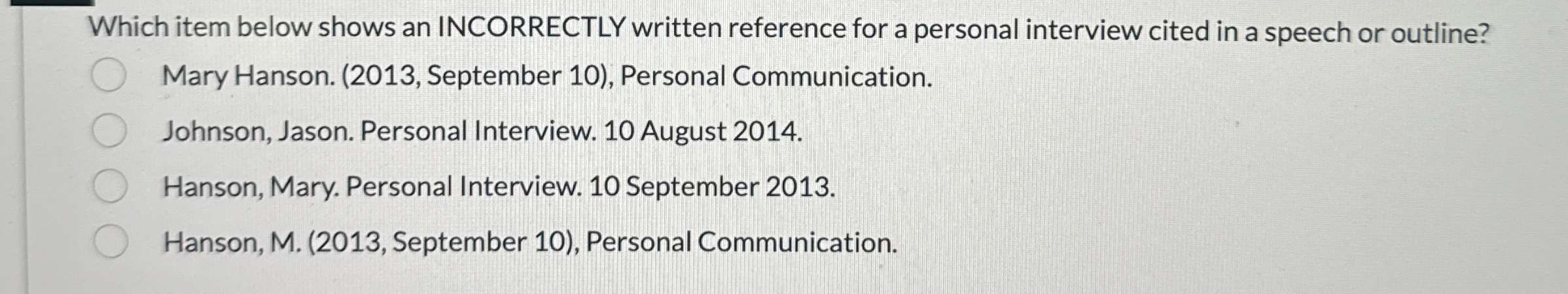  Which item below shows an INCORRECTLY written reference for a personal