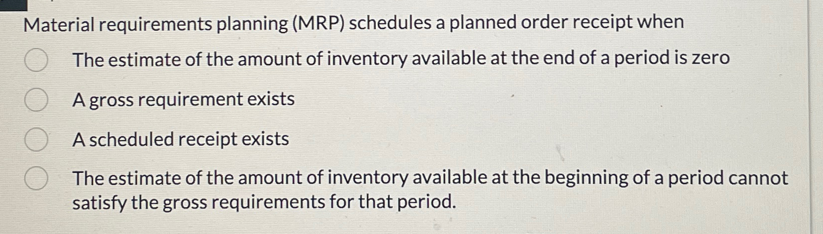  Material requirements planning (MRP) schedules a planned order receipt when The