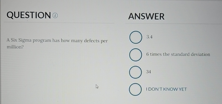  QUESTION A Six Sigma program has how many defects per million?