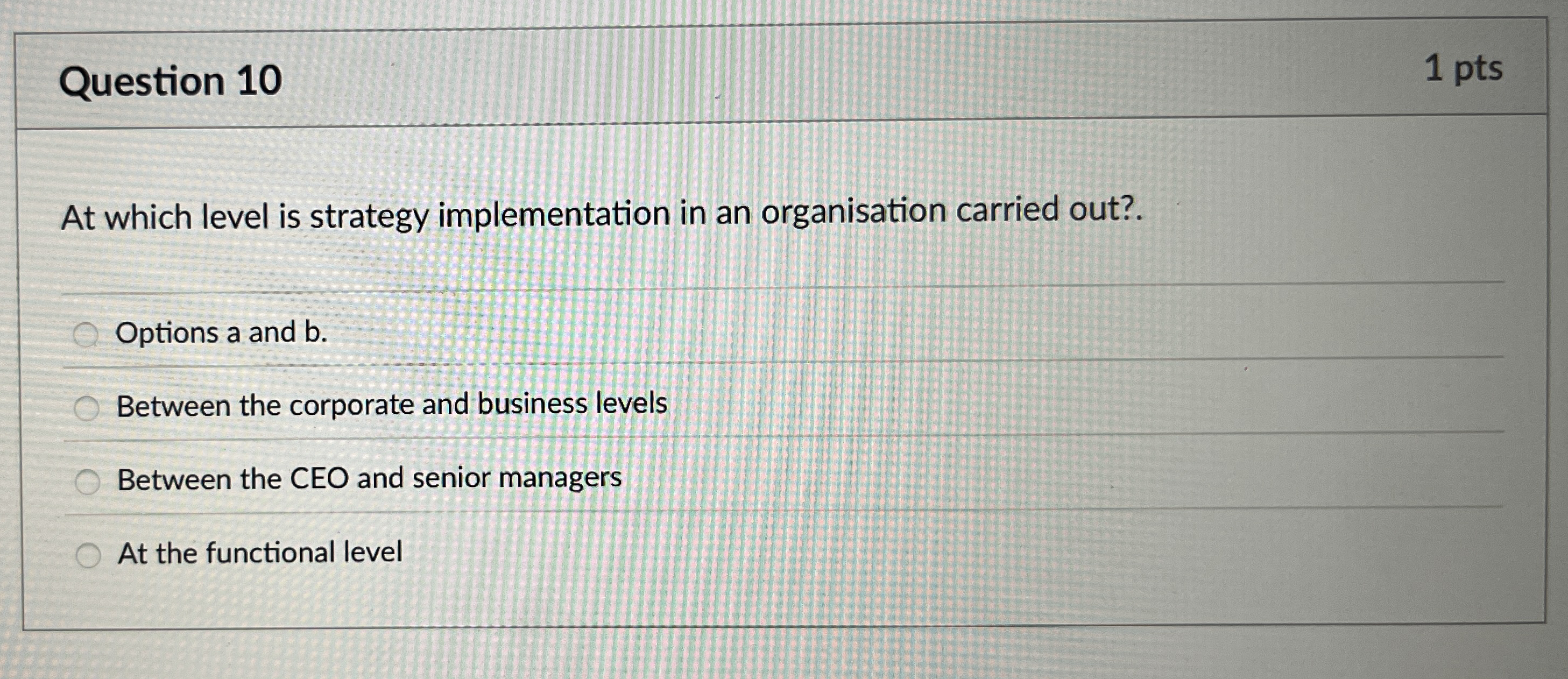  Question 10 At which level is strategy implementation in an organisation