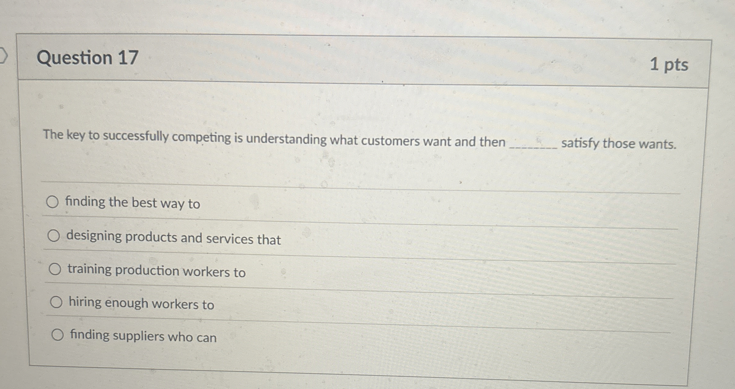  Question 17 1 pts The key to successfully competing is understanding