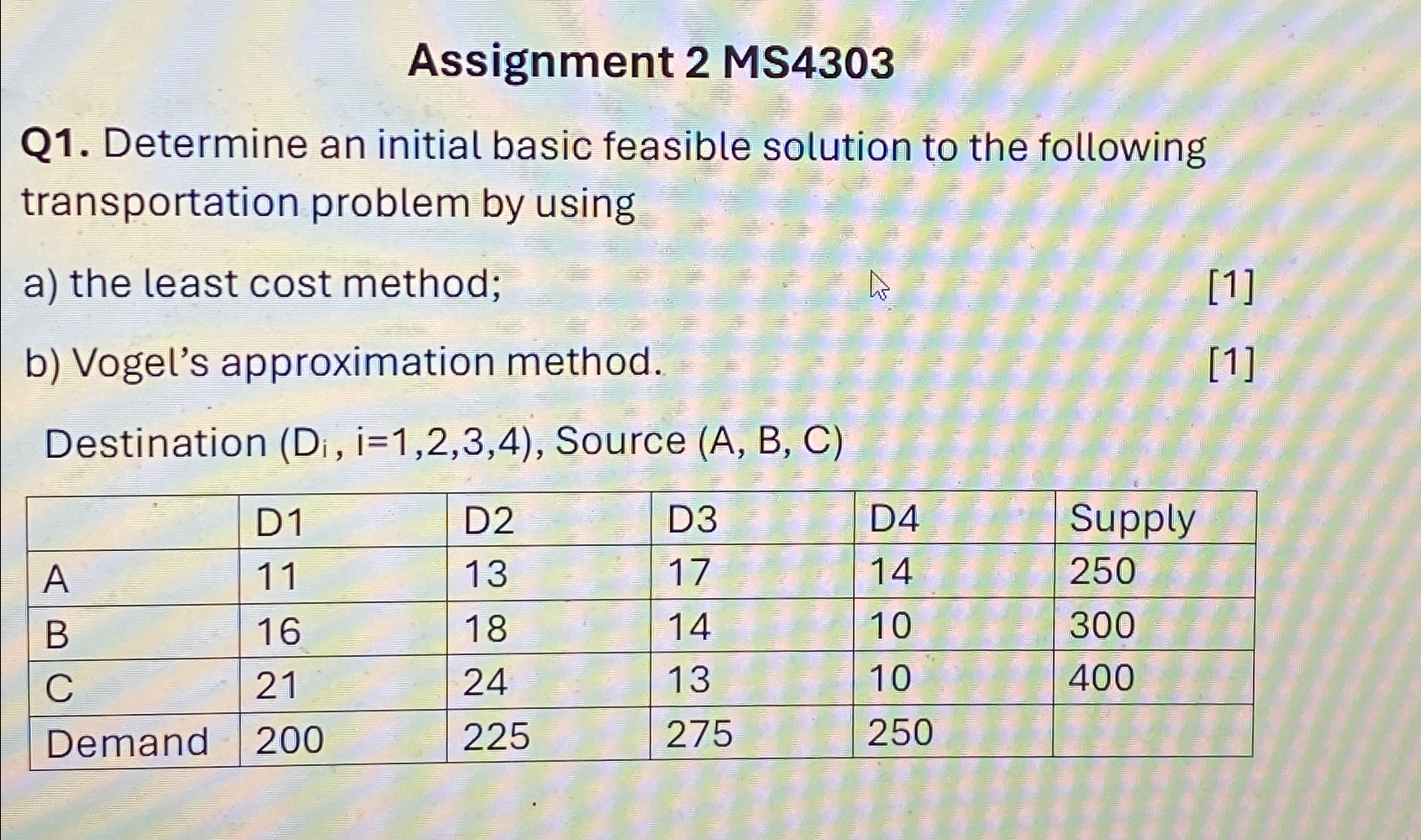  Assignment 2 MS4303 Q1. Determine an initial basic feasible solution to