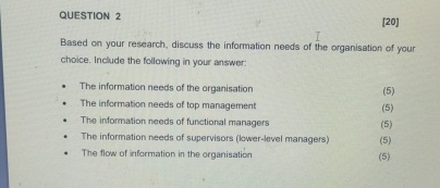  QUESTION 2 [20] Based on your research, discuss the information needs
