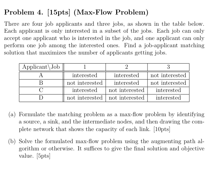  Problem 4.[15pts](Max-Flow Problem) There are four job applicants and three jobs,