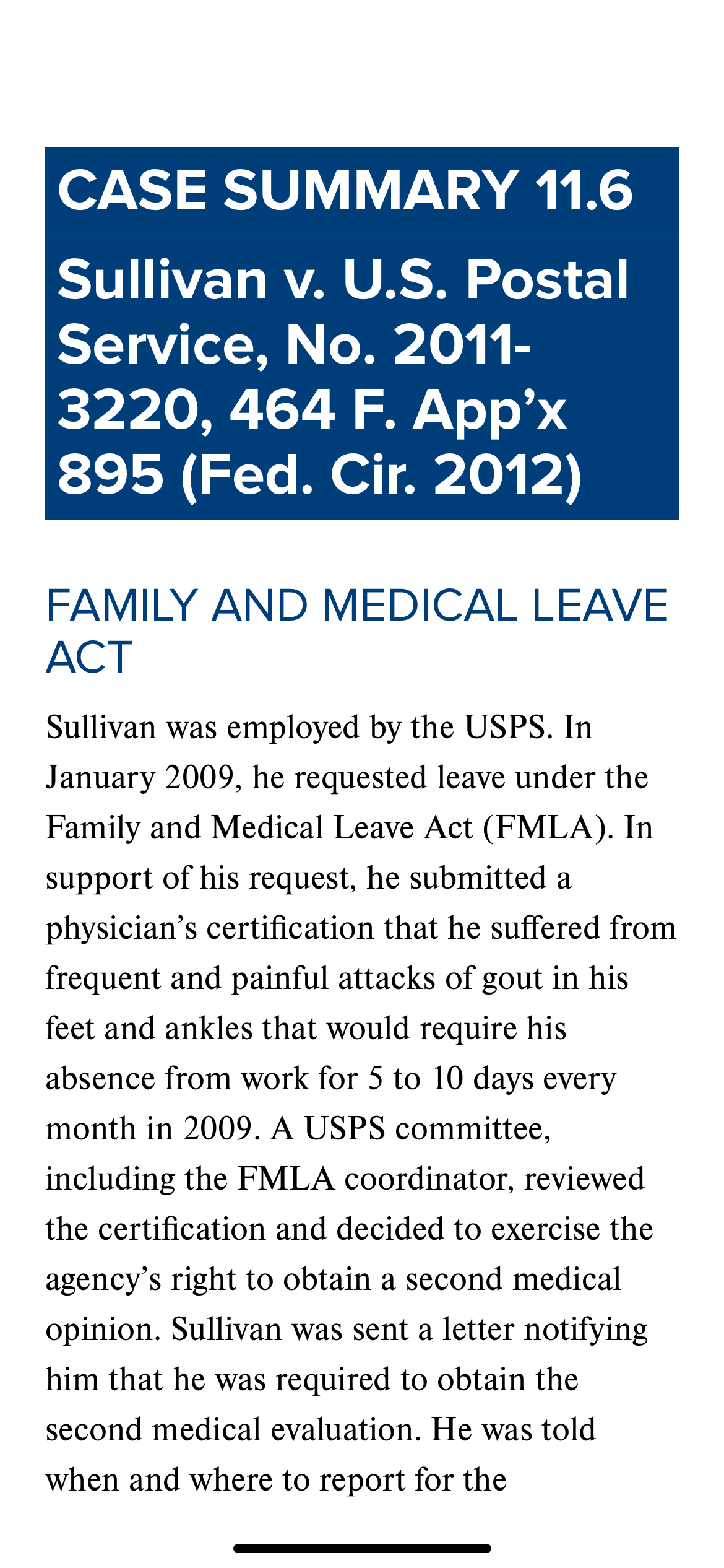  CASE SUMMARY 11.6 Sullivan v. U.S. Postal Service, No.20113220,464 F. App'x