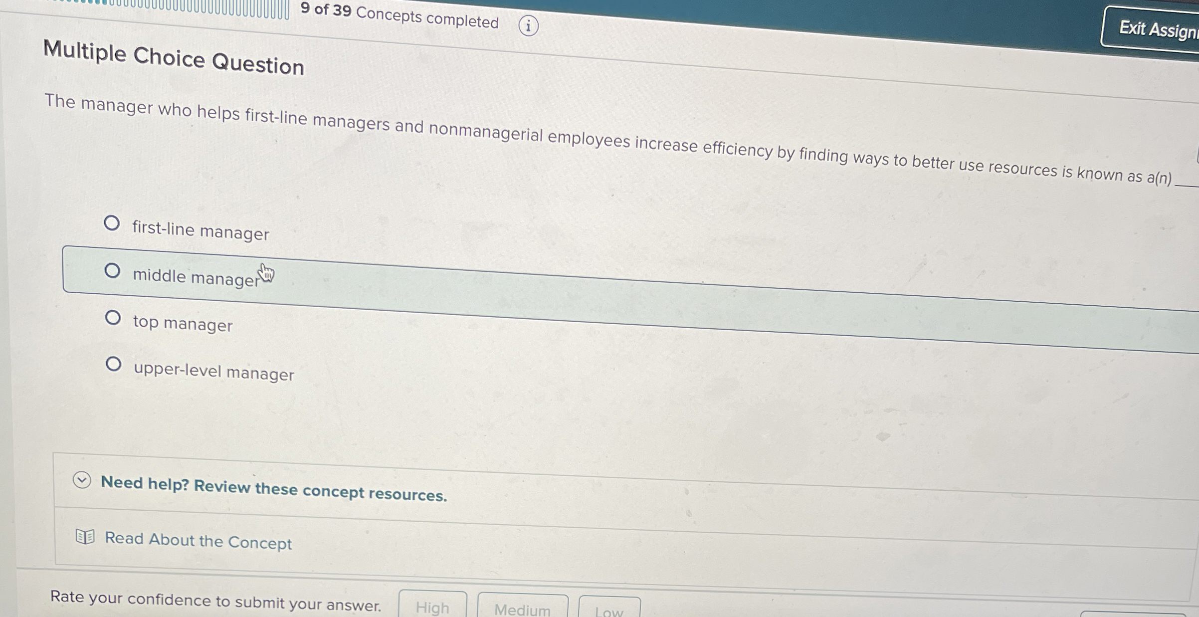  Multiple Choice Question The manager who helps first-line managers and nonmanagerial