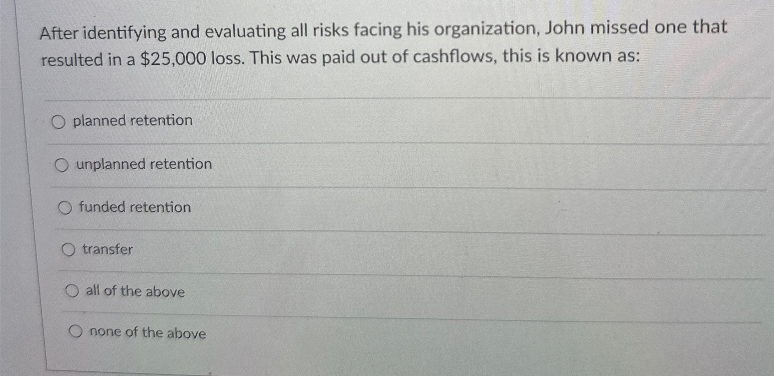  After identifying and evaluating all risks facing his organization, John missed