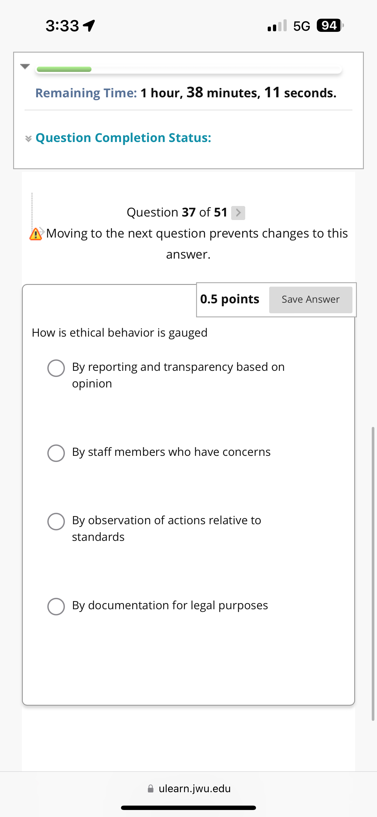  3:334 5G 94 Remaining Time: 1 hour, 38 minutes, 11 seconds.