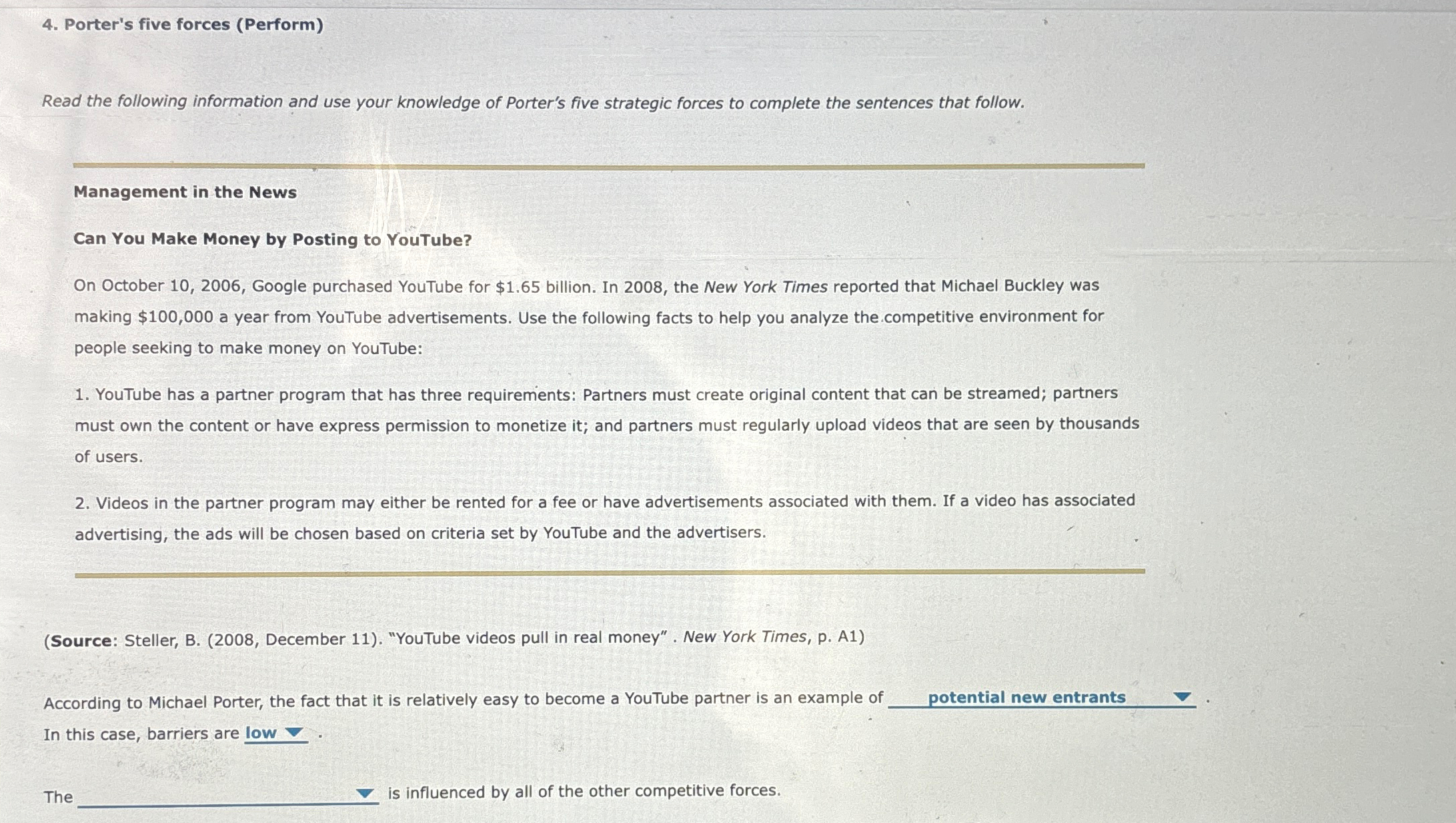  Porter's five forces (Perform) Read the following information and use your