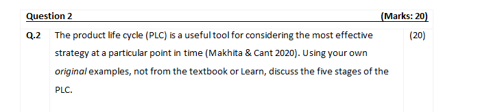  Question 2 (Marks: 20) Q.2 The product life cycle (PLC) is