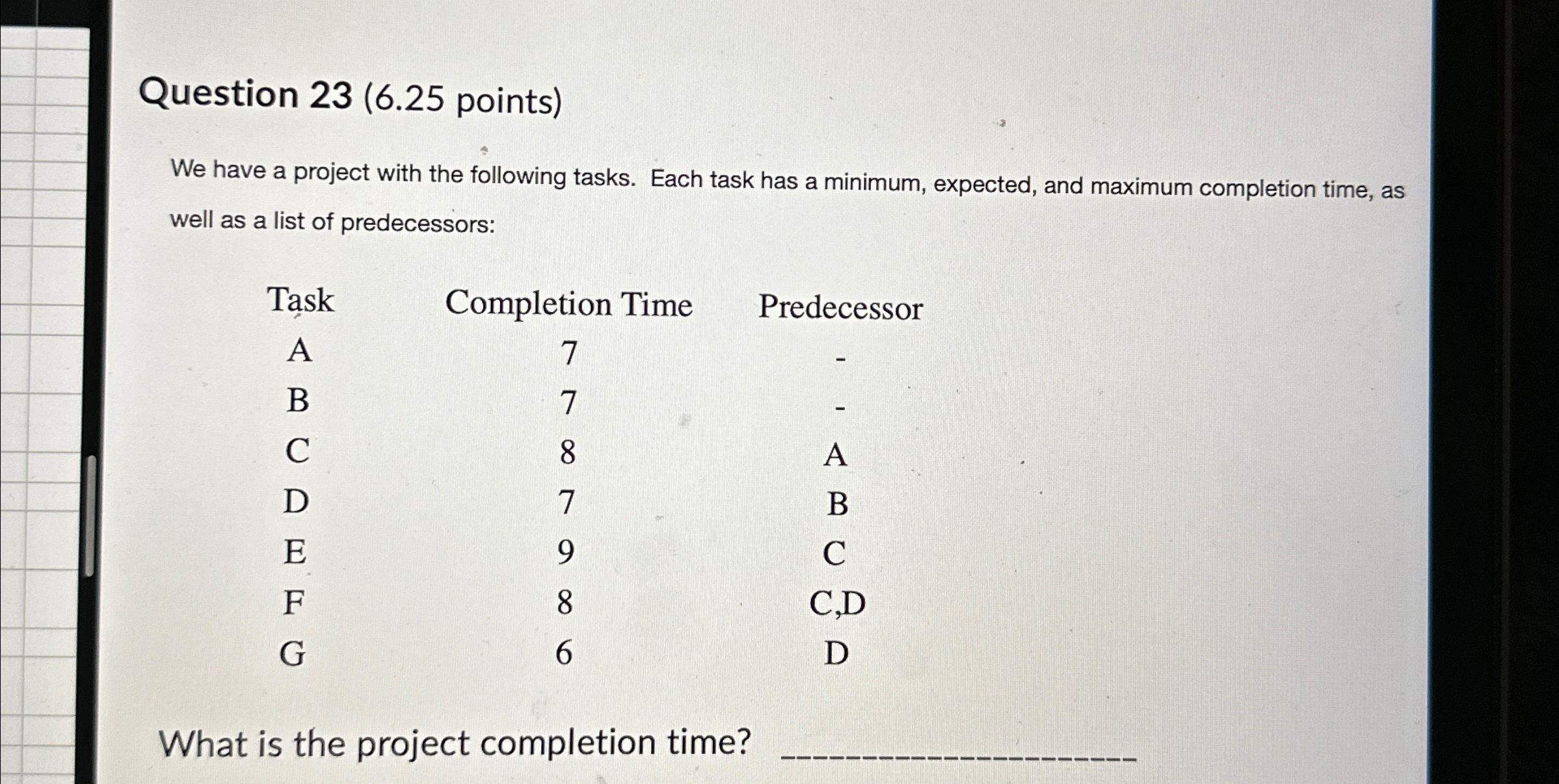  Question 23(6.25 points) We have a project with the following tasks.