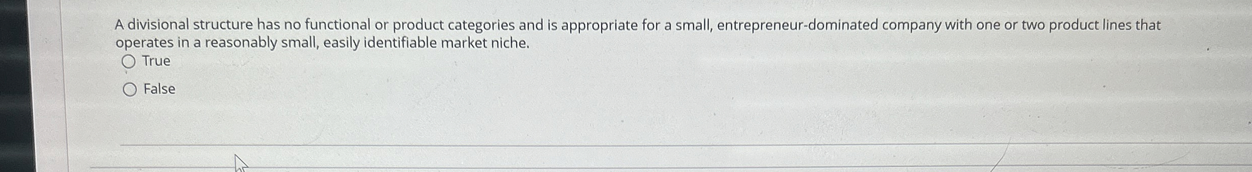  A divisional structure has no functional or product categories and is