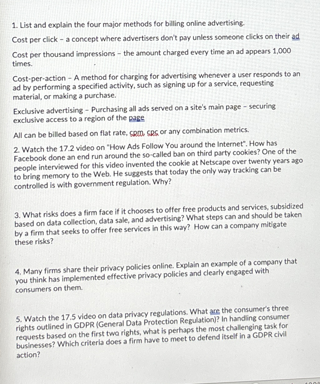  List and explain the four major methods for billing online advertising.