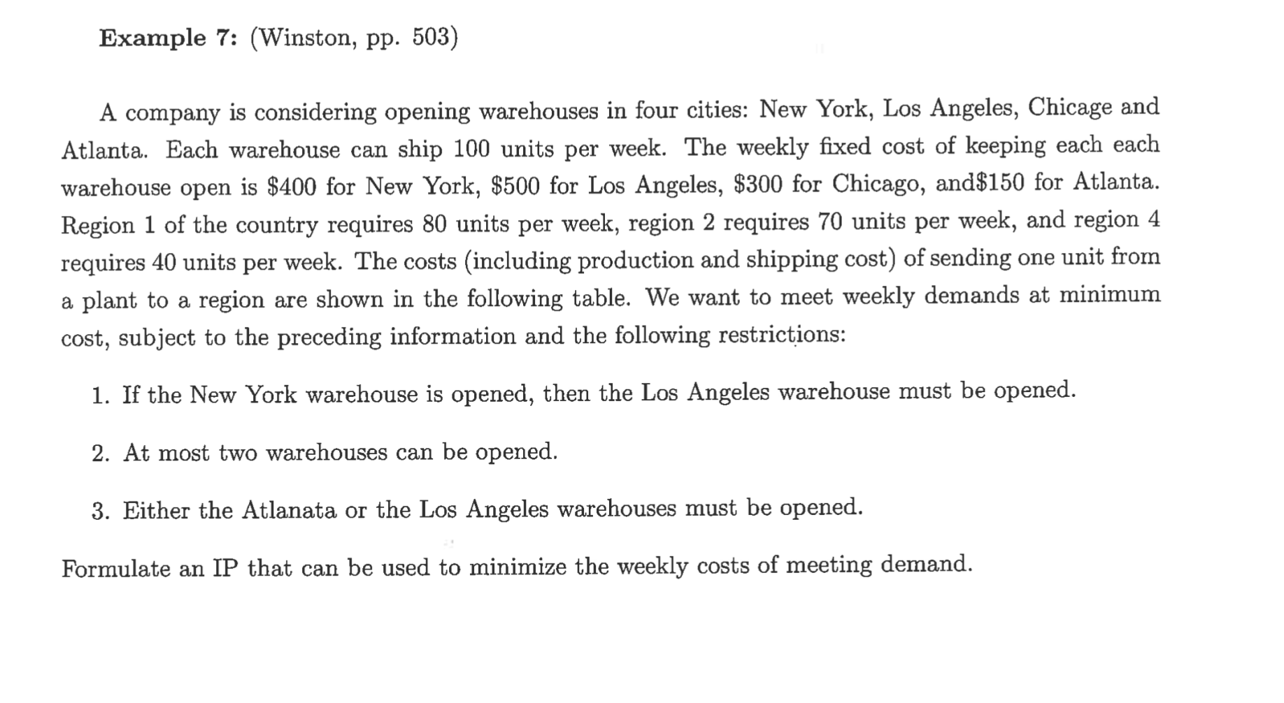  Example 7: (Winston, pp.503) A company is considering opening warehouses in