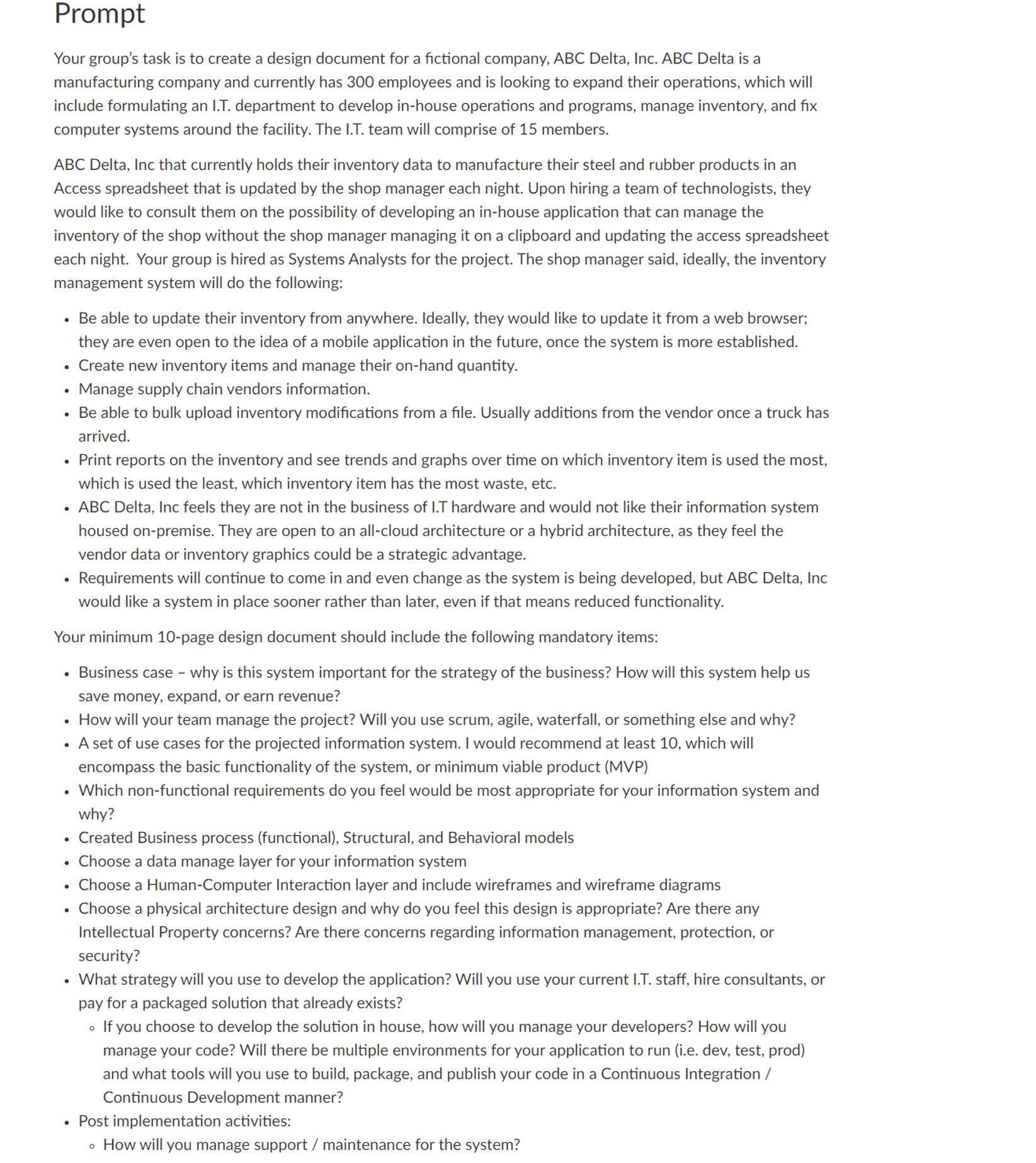  Prompt Your group's task is to create a design document for