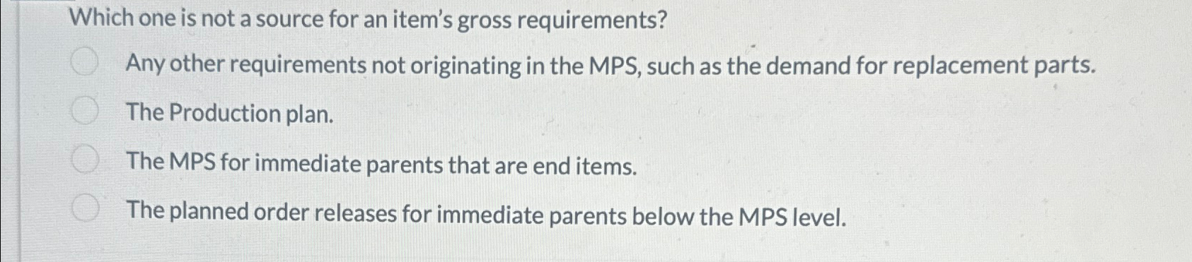  Which one is not a source for an item's gross requirements?