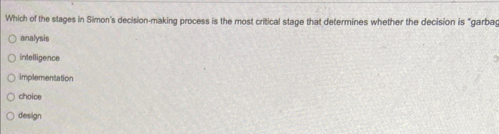  Which of the stages in Simon's decision-making process is the most