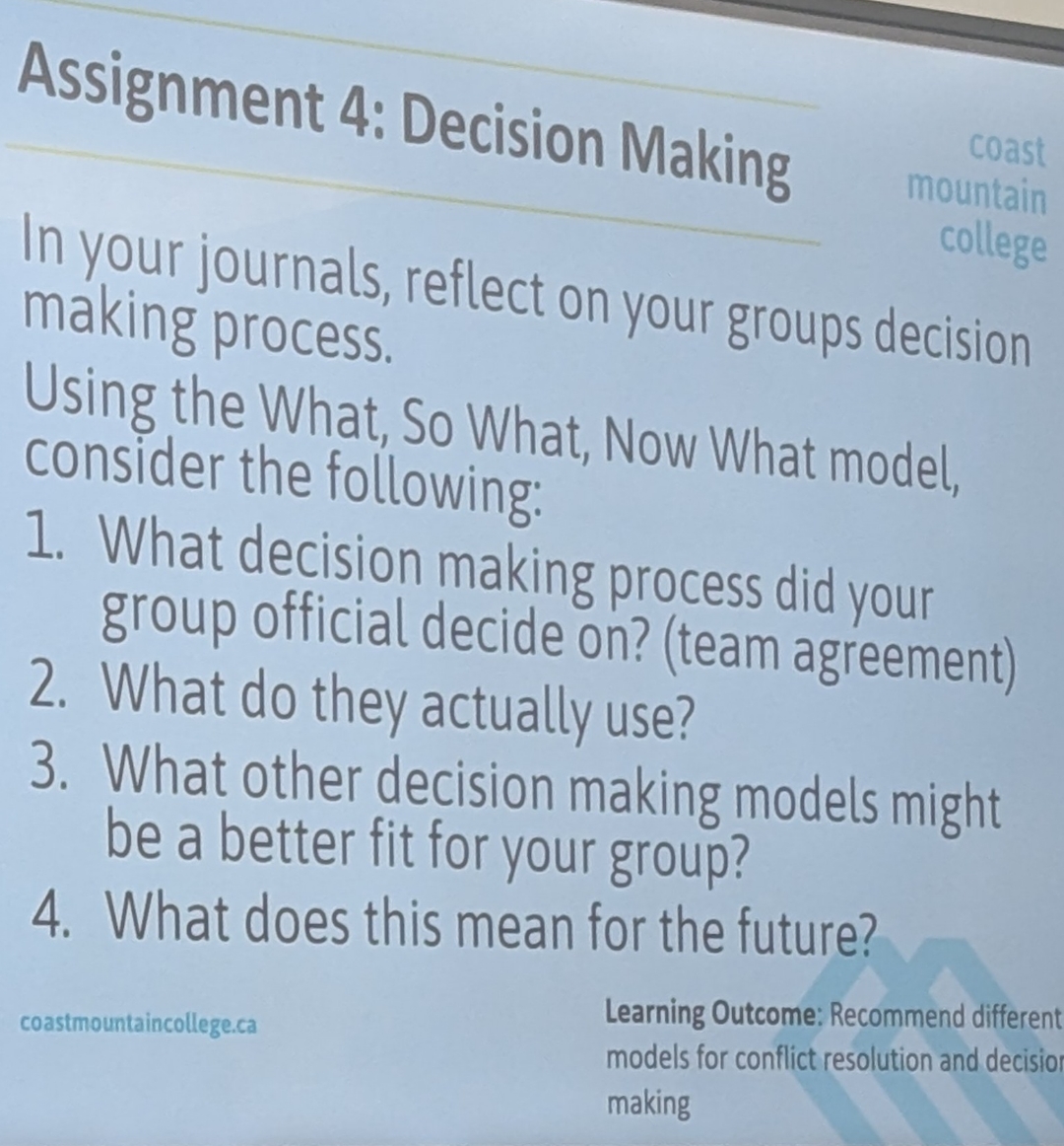  Assignment 4: Decision Making In your journals, reflect on your groups