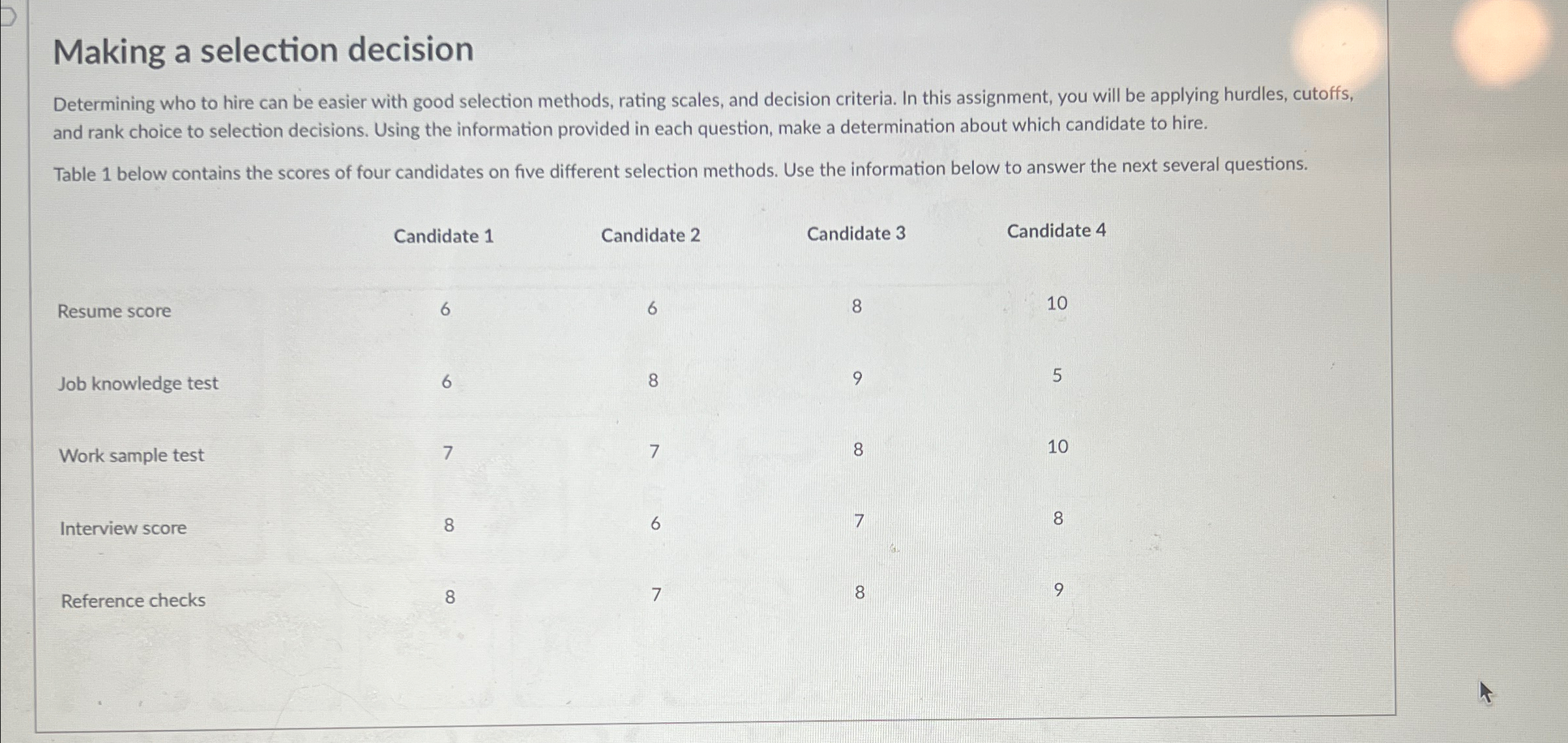  Question 2 Using a compensatory approach, which candidate would you hire,