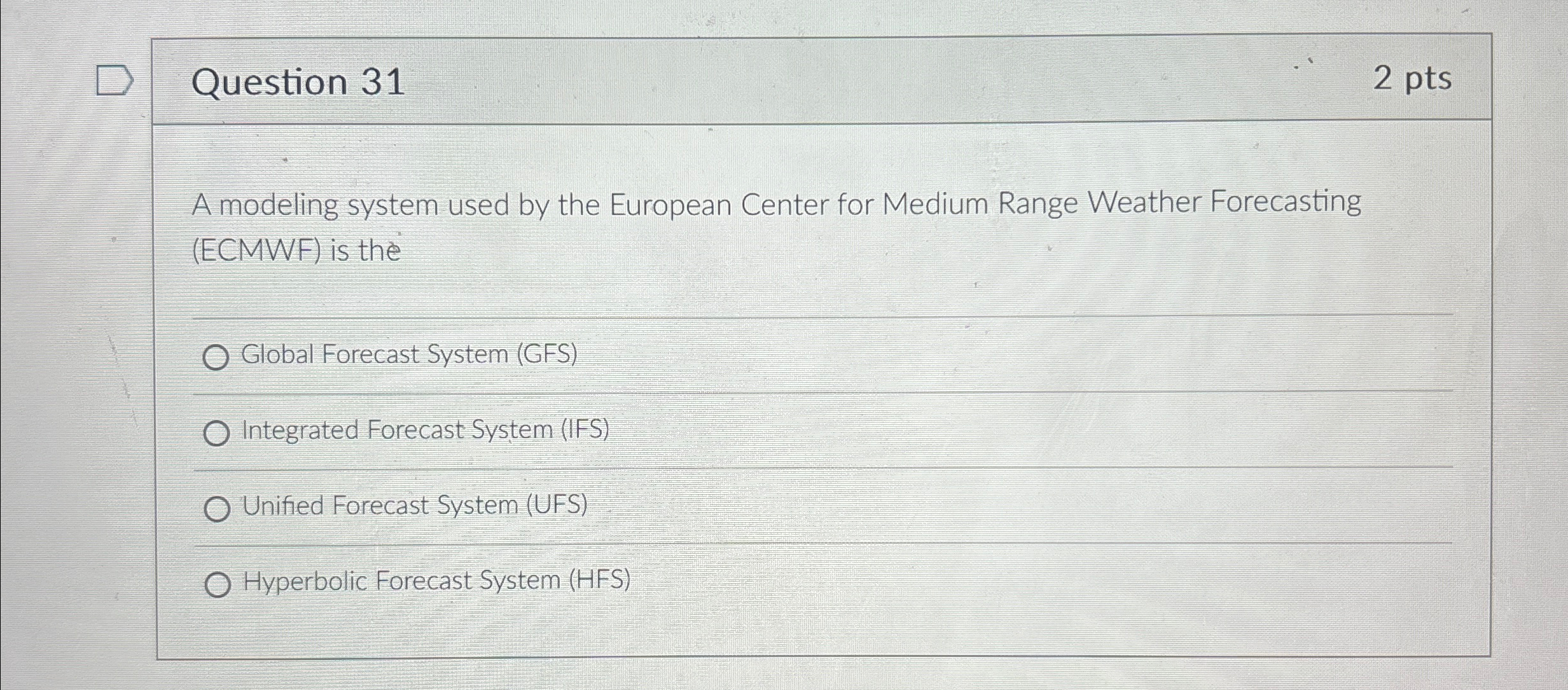  Question 31 2 pts A modeling system used by the European