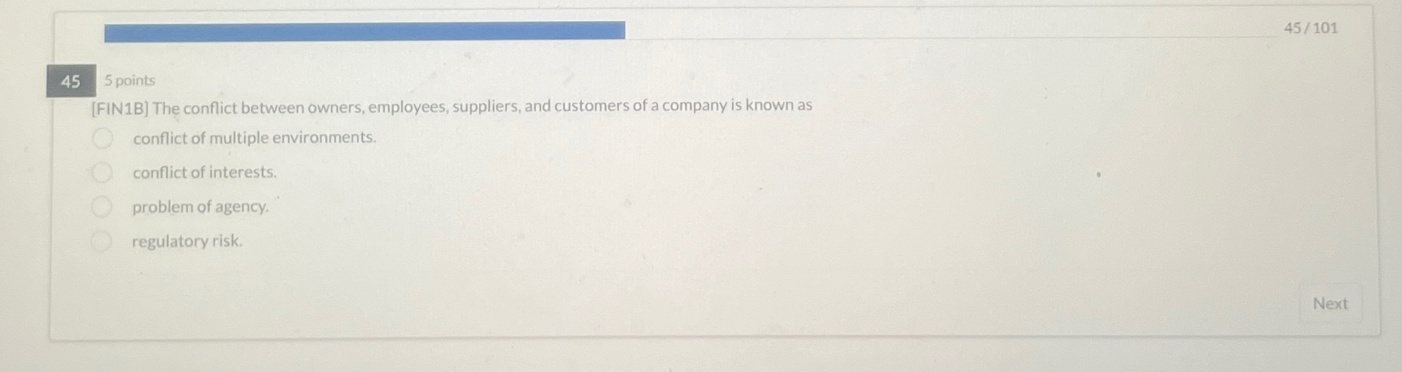  45 5 points [FIN1B] The conflict between owners, employees, suppliers, and