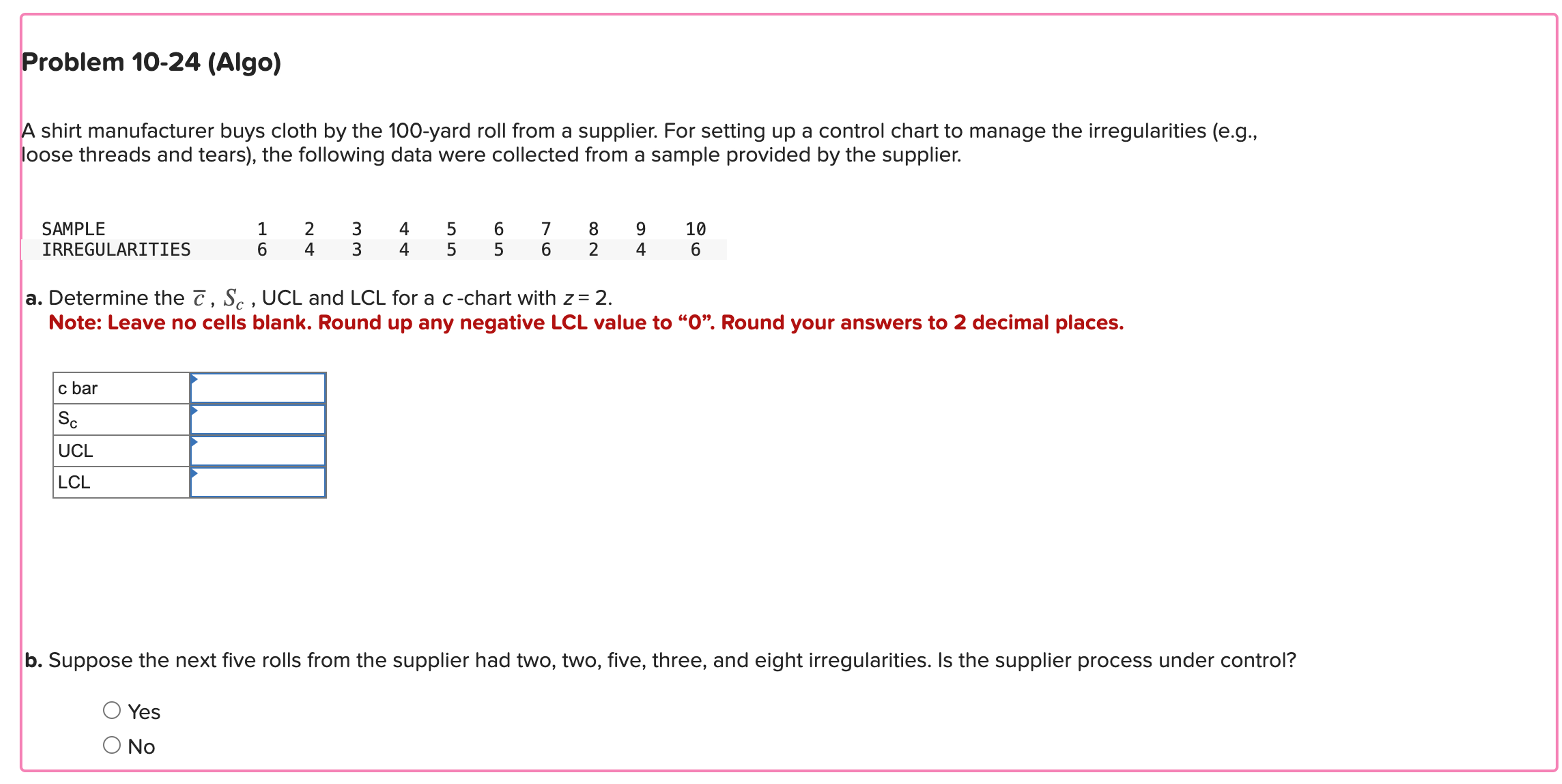  Problem 10-24(Algo) A shirt manufacturer buys cloth by the 100-yard roll