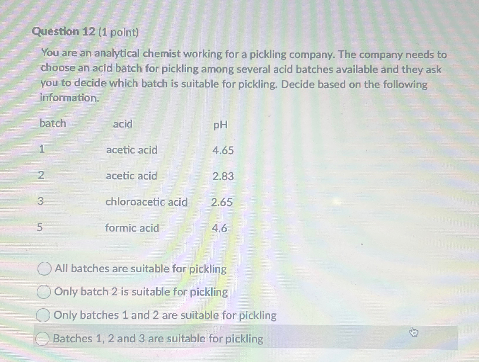  Question 12(1 point) You are an analytical chemist working for a