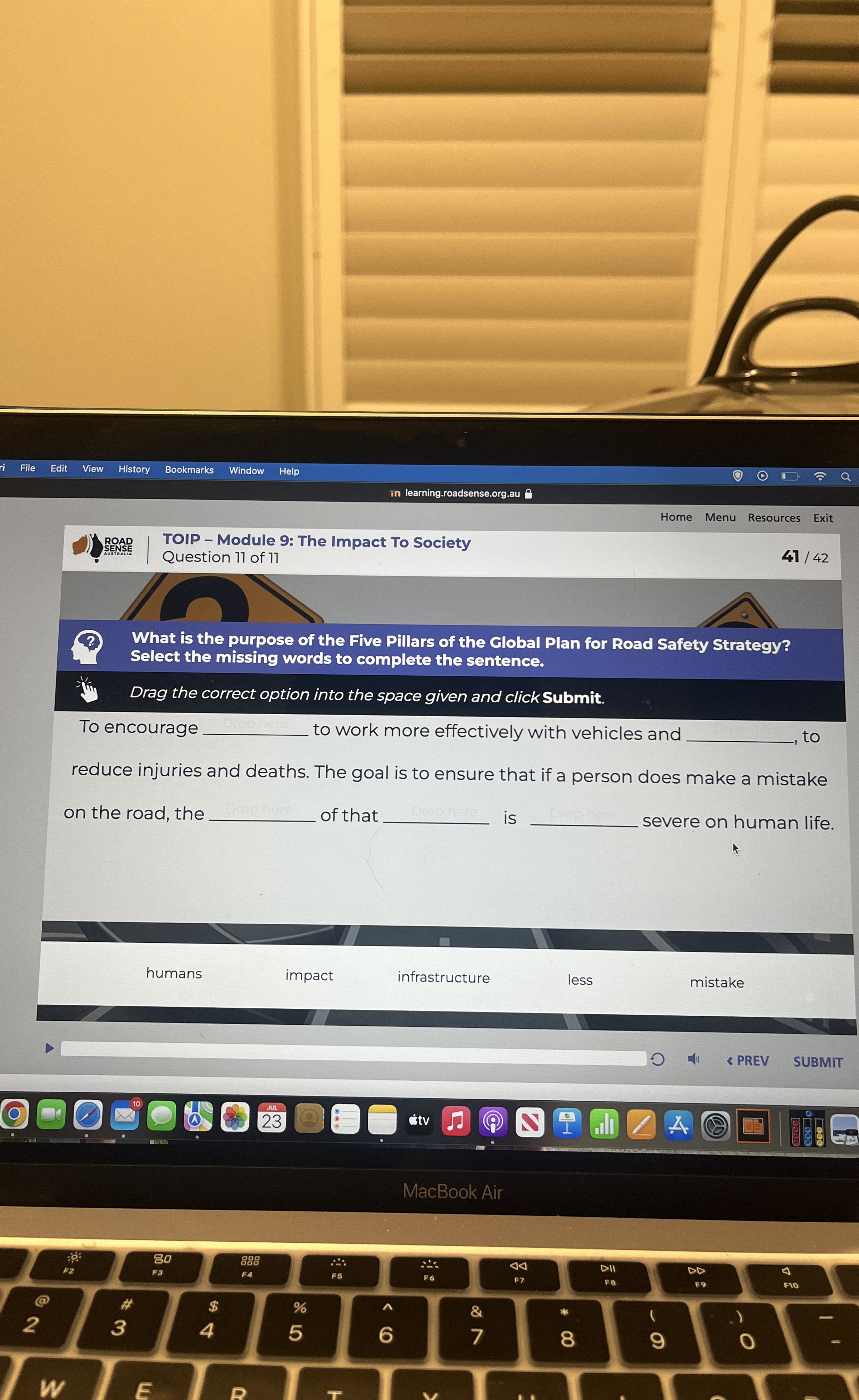  File Edit View History Bookmarks Window Help in learning.roadsense.org.au Home Menu
