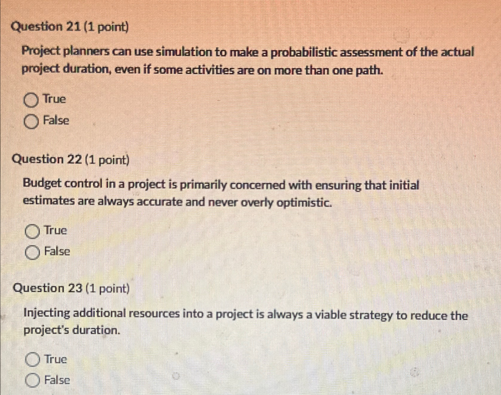  Question 21(1 point) Project planners can use simulation to make a