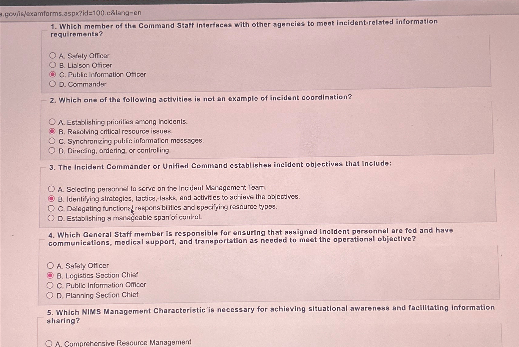  a.gov/is/examforms.aspx?id=100.c&lang=en Which member of the Command Staff interfaces with other agencies