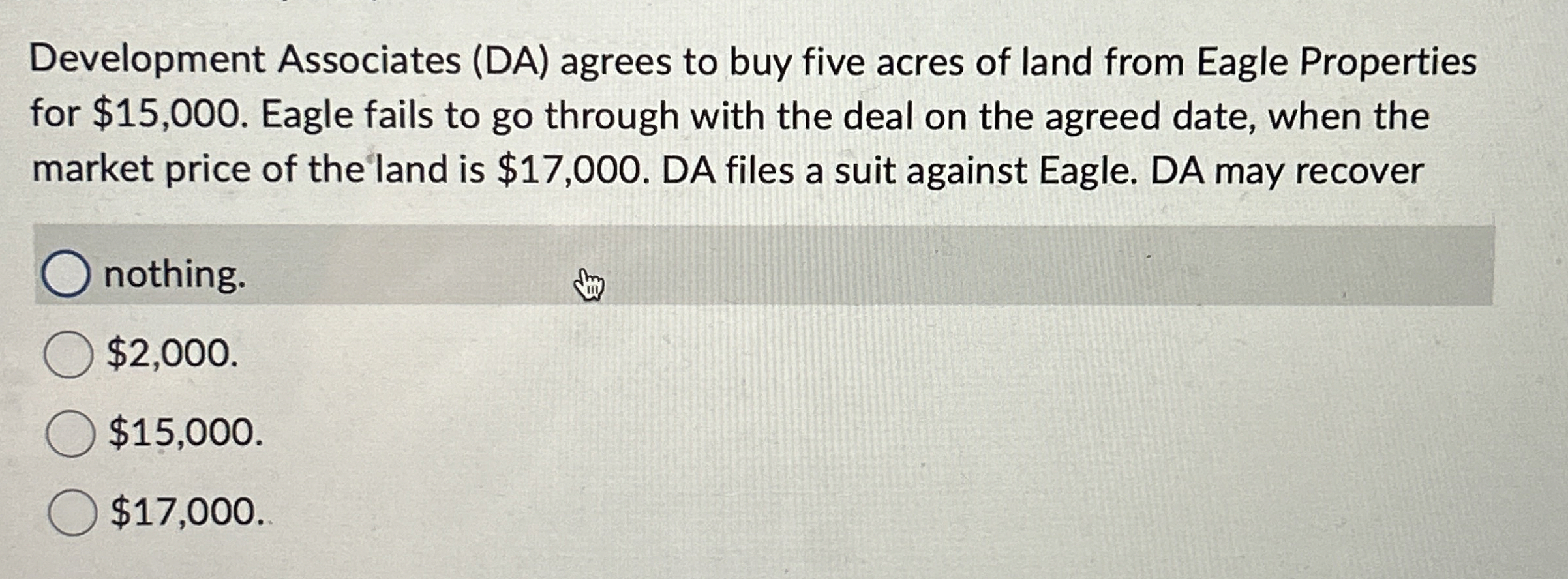  Development Associates (DA) agrees to buy five acres of land from