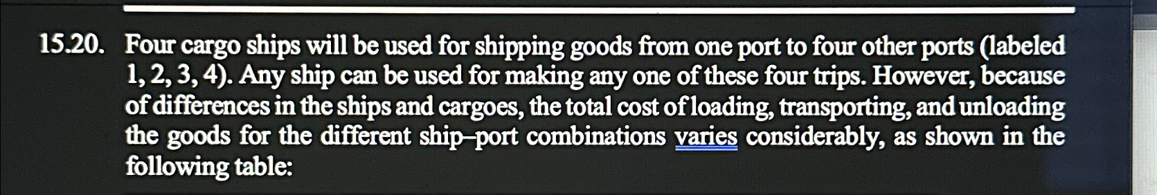  15.20. Four cargo ships will be used for shipping goods from
