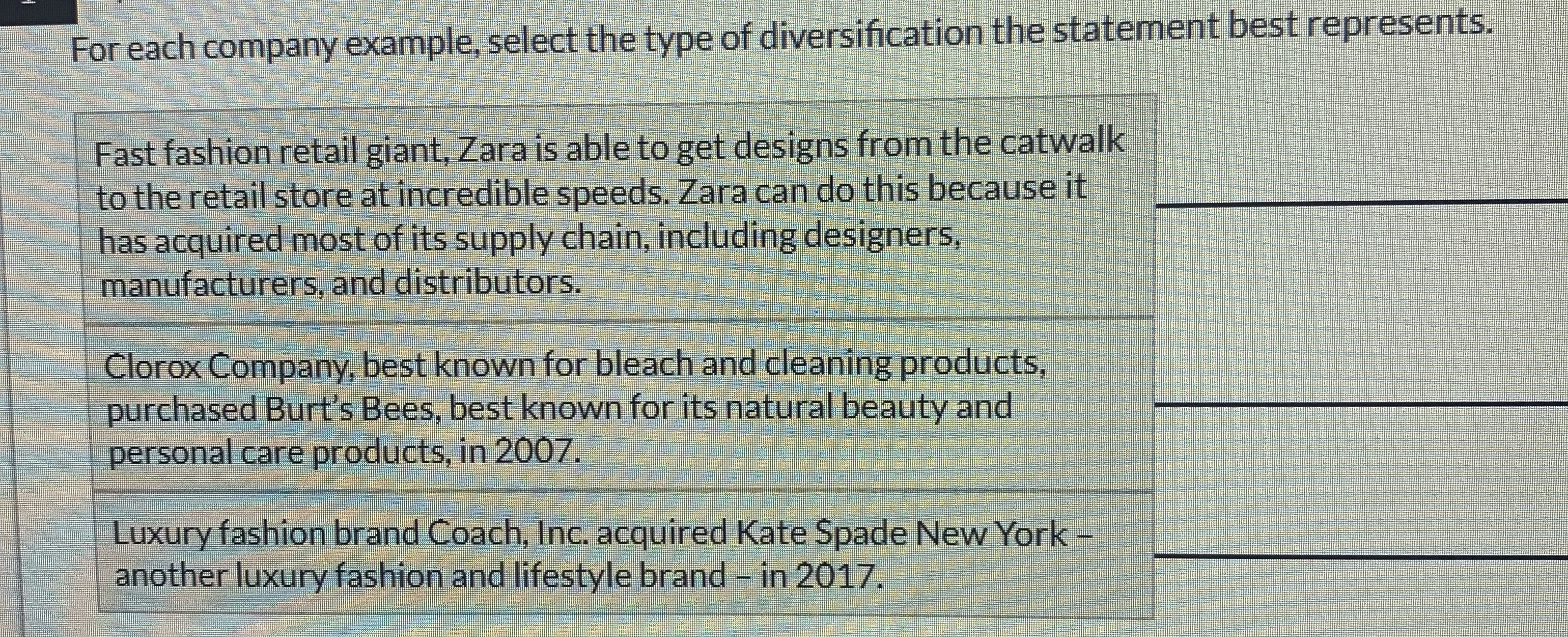  For each company example, select the type of diversification the statement