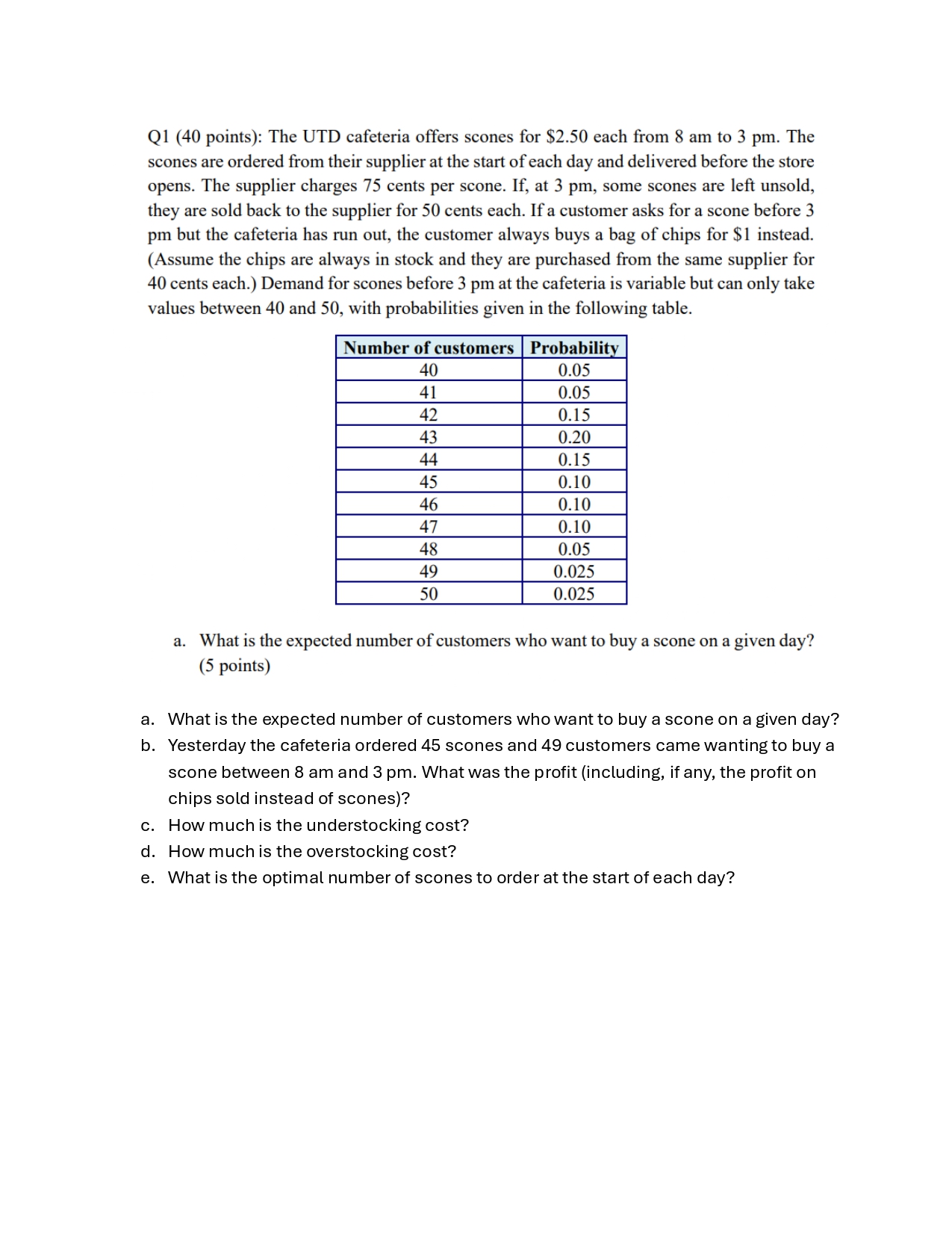  Q1(40 points): The UTD cafeteria offers scones for $2.50 each from