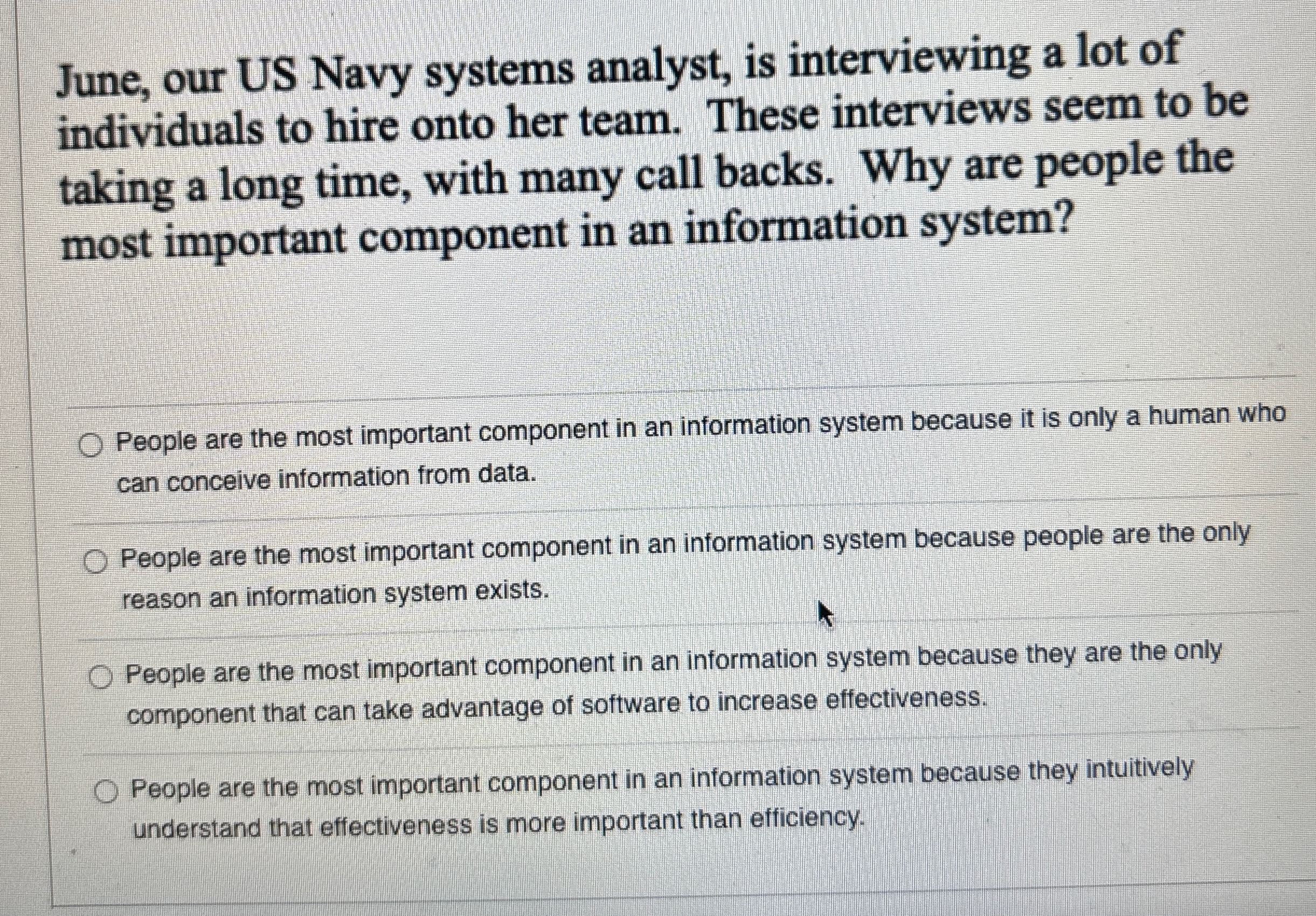  June, our US Navy systems analyst, is interviewing a lot of