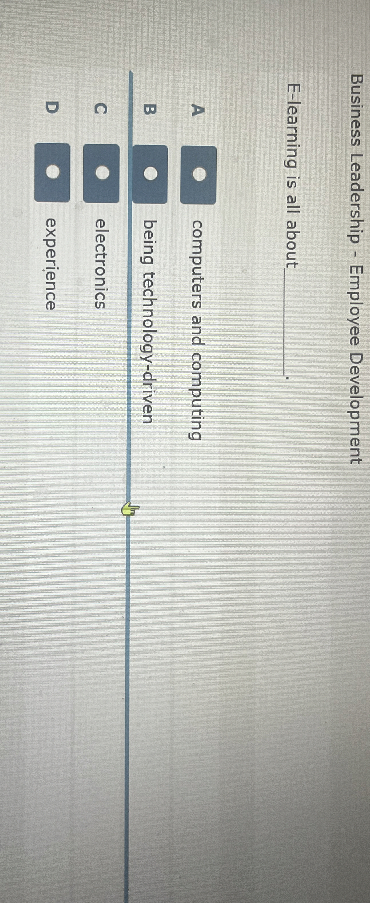  Business Leadership - Employee Development E-learning is all about A computers