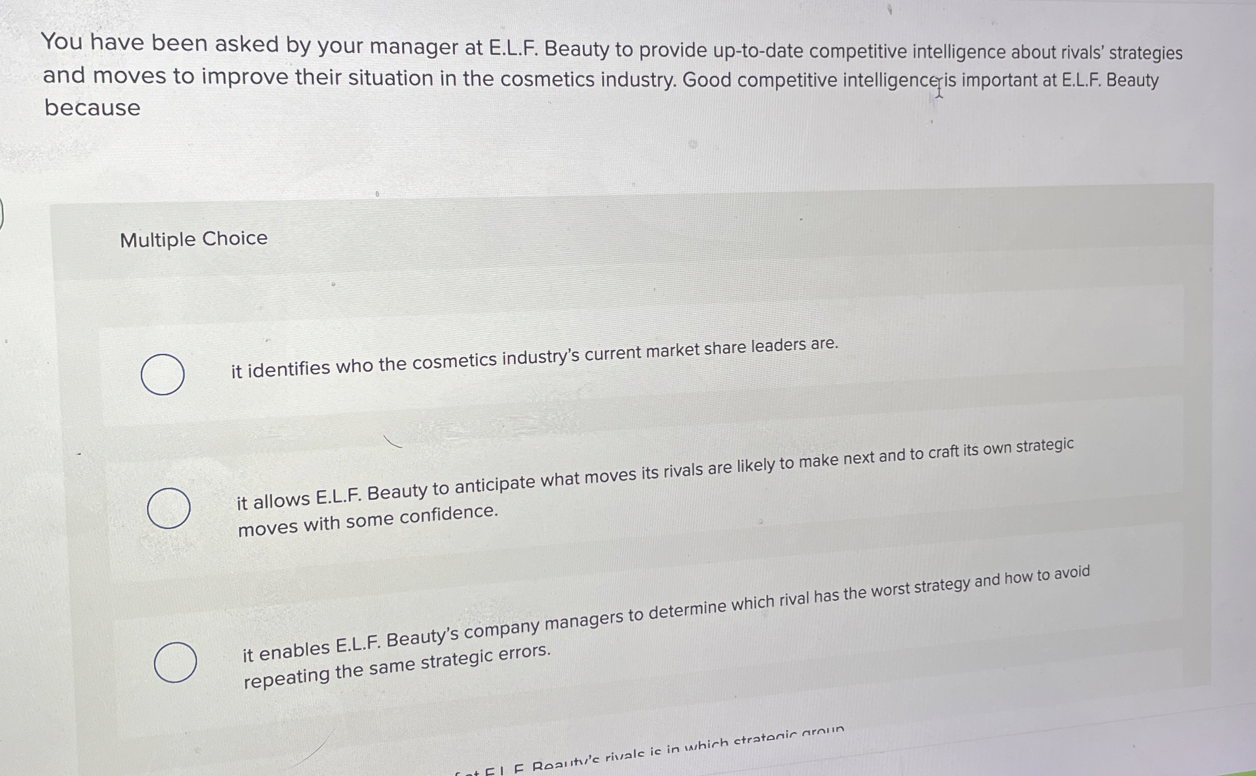  You have been asked by your manager at E.L.F. Beauty to