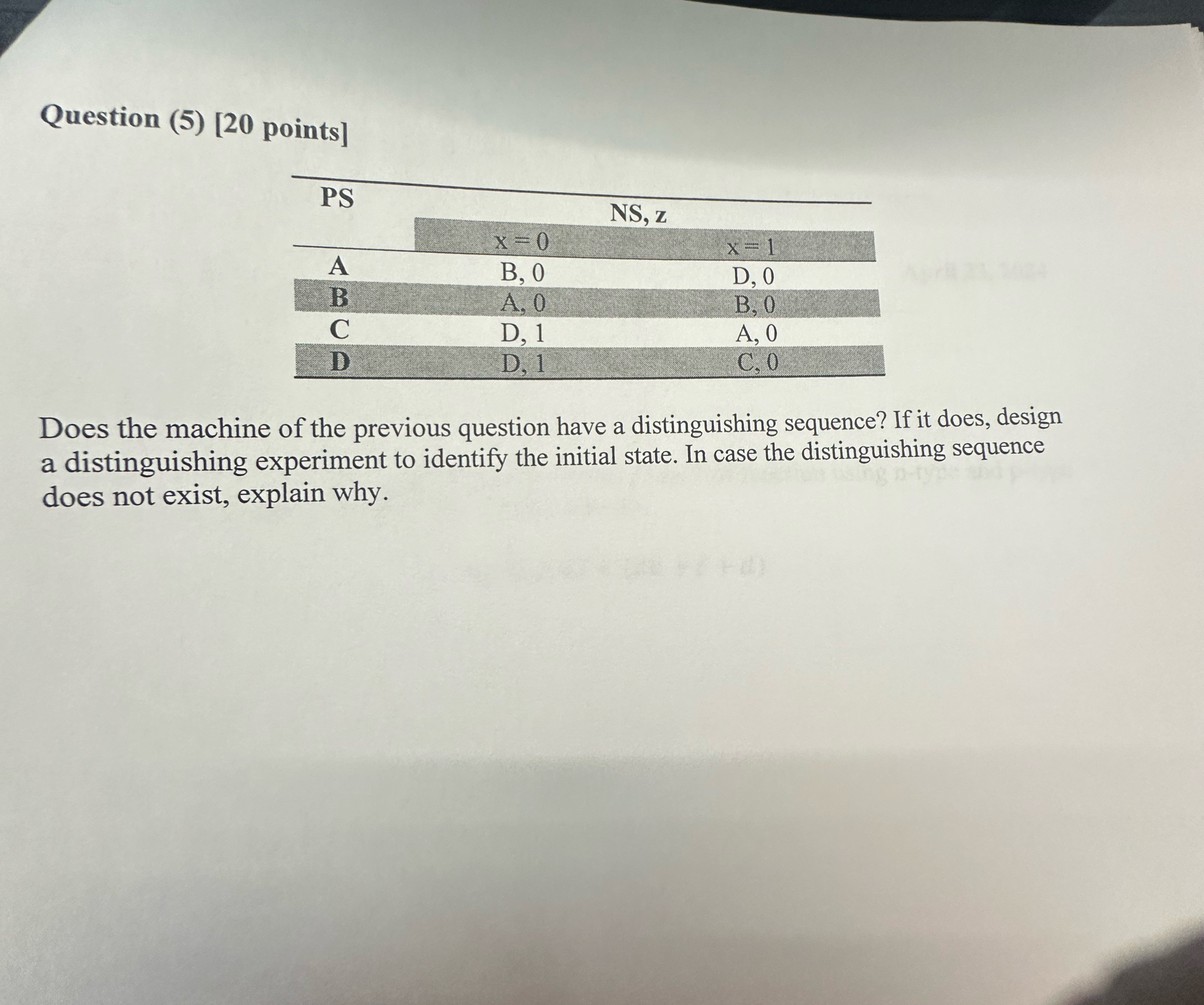  Question (5)[20 points] Does the machine of the previous question have