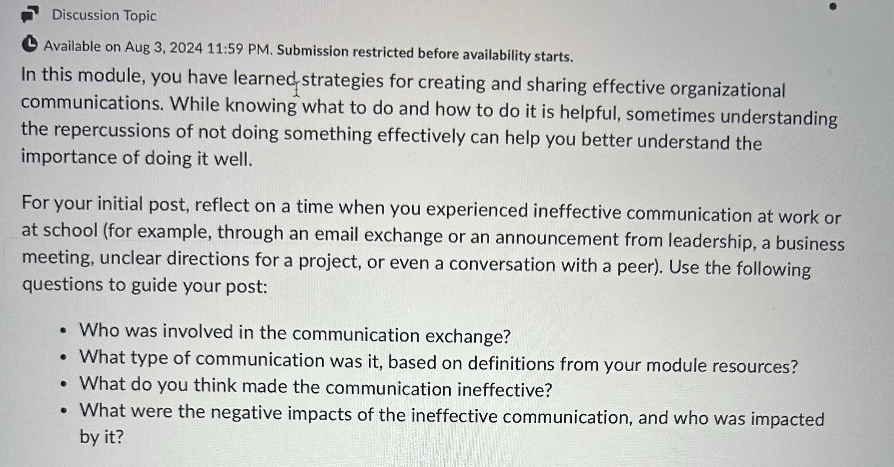  Discussion Topic Available on Aug 3,202411:59 PM. Submission restricted before availability