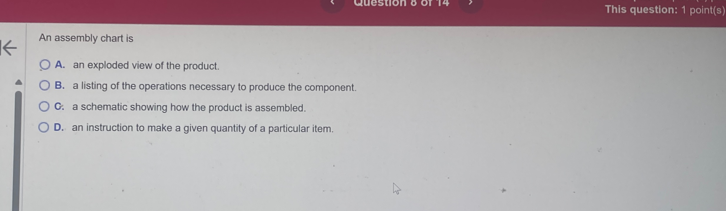  This question: 1 point(s) An assembly chart is A. an exploded