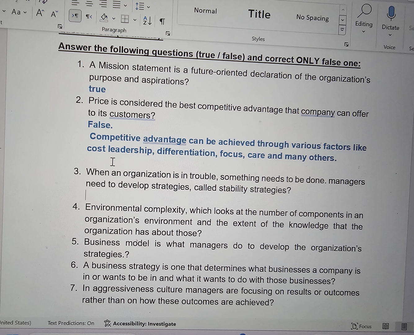 Answer the following questions (true / false) and correct ONLY false